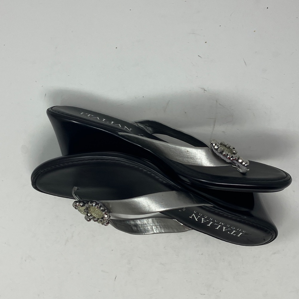 Italian Shoemakers Silver Black Wedge Sandals Size 8 Made in Italy Rhinestone - Picture 10 of 13